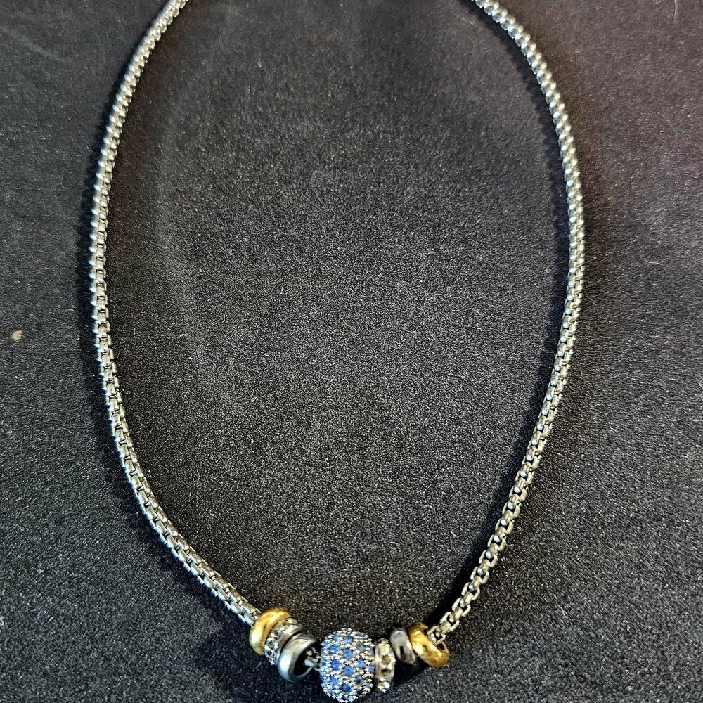 Touchstone Crystal Silver and Gold Necklace with Blue Accents